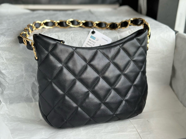 CC 24K Hobo Bag 23cm Black Shiny Lambskin