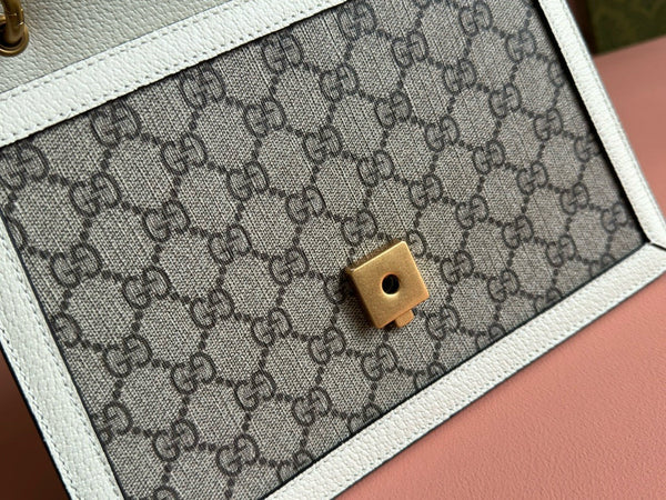 GG MINI 25 HANDBAG IN BEIGE CANVAS AND WHITE CALFSKIN