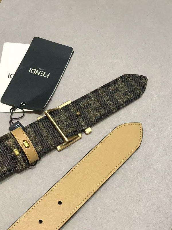 FF Belt 35mm Monogram Canvas Beige Calfskin Gold Hardware