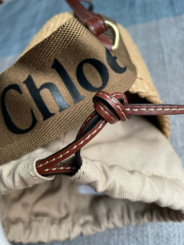 Chloe Small Woody Bucket Top Handle Bag 16cm Brown Linen And Calfskin