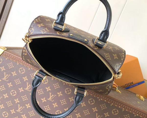 LV Speedy Trunk Bag 20cm Black Brown Cowhide Canvas