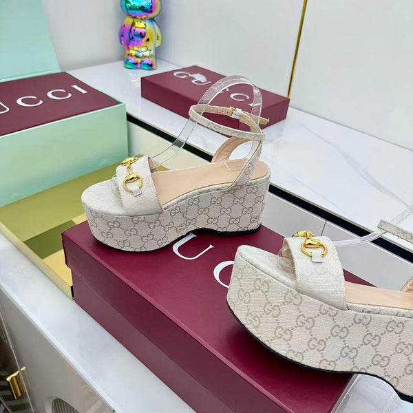 GG Lady Horsebit 75mm Wedge Sandals Beige Canvas