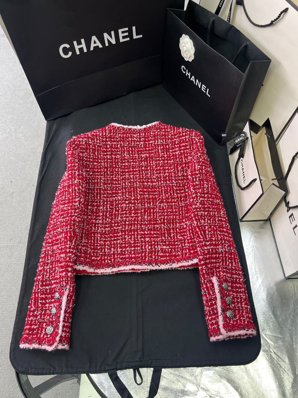 CC 25 Pink and Black Woven Trim Red Wool Jacket Skirt Pants Set