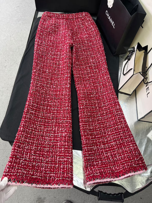 CC 25 Pink and Black Woven Trim Red Wool Jacket Skirt Pants Set