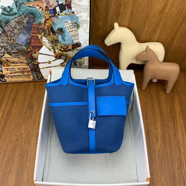 HM PICOTIN BASKET LOCK 18 BLUE SWIFT LEATHER AND CANVAS PATCHWORK SILVER HARDWARE