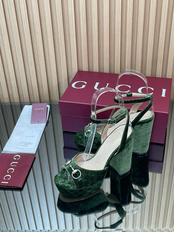 GG Horsebit Platform Sandals 15cm High Heel Green Velvet