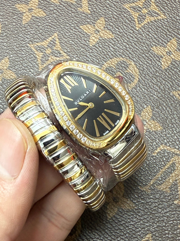 Bvlgari Serpenti Tubogas 35mm Diamond Ladies Gold Silver Black Dial Watch