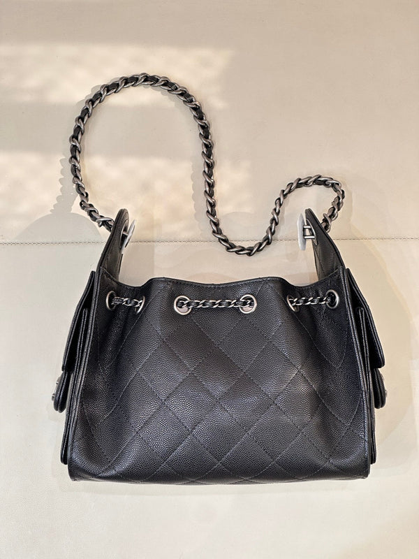 Chanel 2025 Hobo Bag 22cm Black Caviar Leather With Silver Hardware