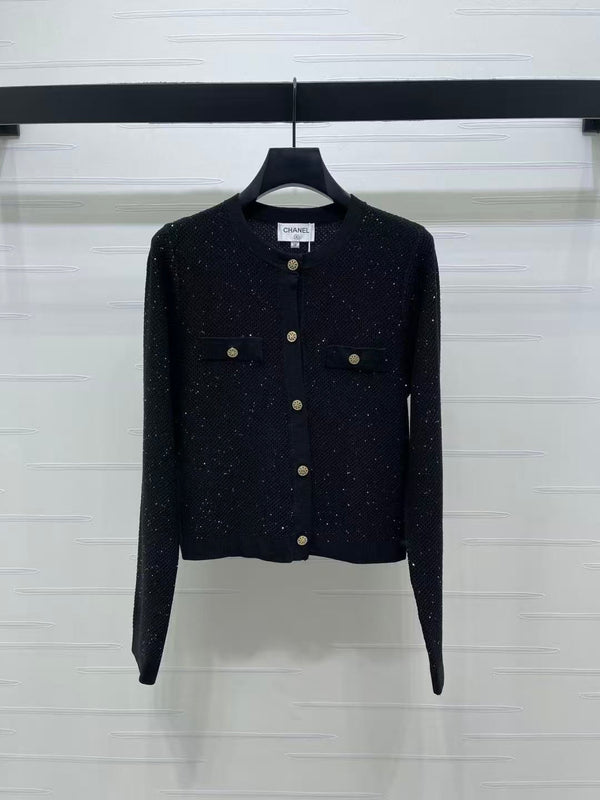 Chanel 2026 Sequined Crew Neck Knit Cardigan Silk Wool