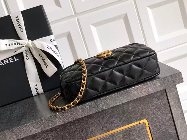 CC 25A Touch Phone Holder Bag 17.5cm with Chain Black Lamskin