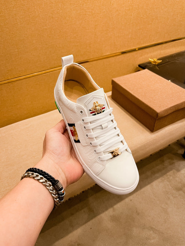 GG ACE EMBROIDERED BEE WHITE LEATHER