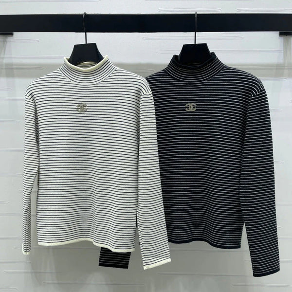 Chanel 2026 Striped Turtleneck Long Sleeve Sweater Wool