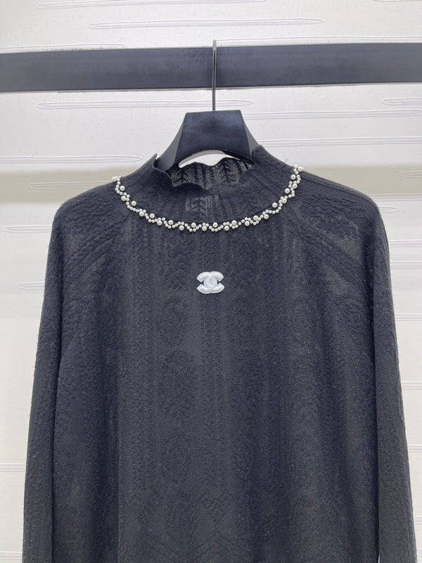 Chanel 2026 Beaded Crew Neck Knit Long-sleeved Top Wool