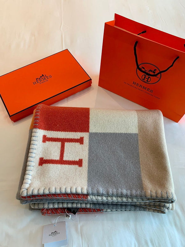 HM Drapeau Blanket Terracotta and Grey Wool Cashmere