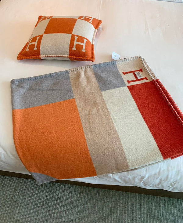 HM Drapeau Blanket Terracotta and Grey Wool Cashmere