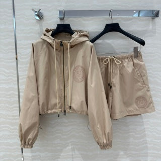 Fendi Hooded Jacket Set Beige Silk Fabric