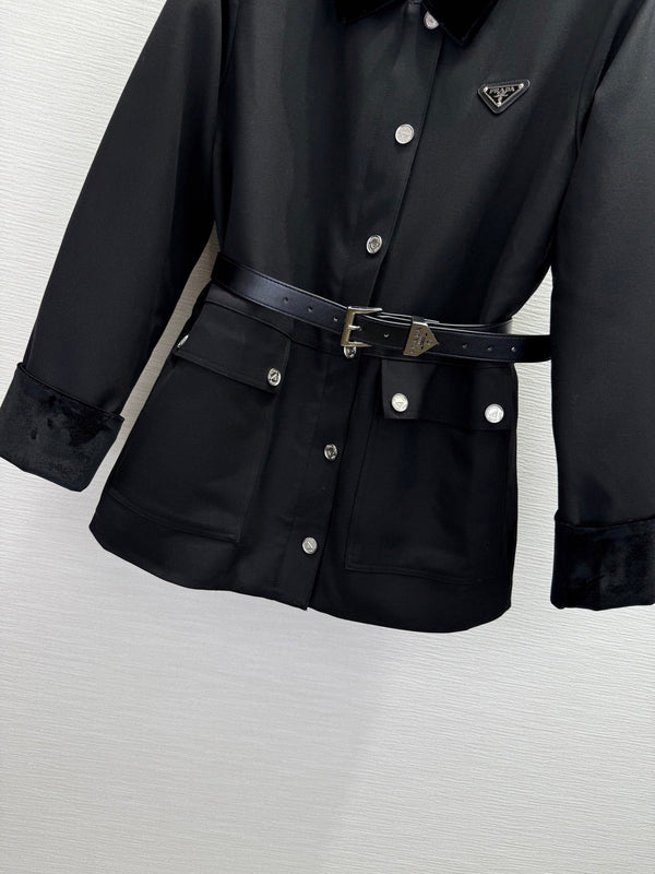 Prada 2025 Jacket With Belt Black and Gray Cotton Wool