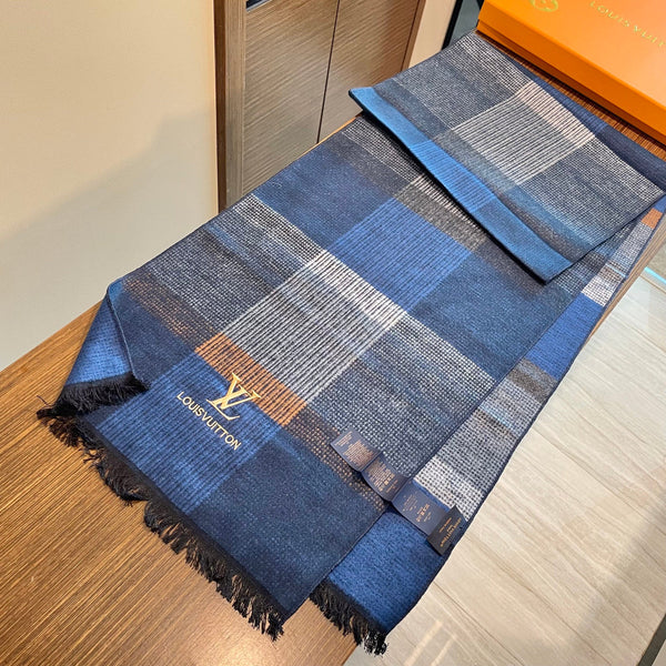 LV Scarf 180cm Blue Gray Wool Cashmere 976832