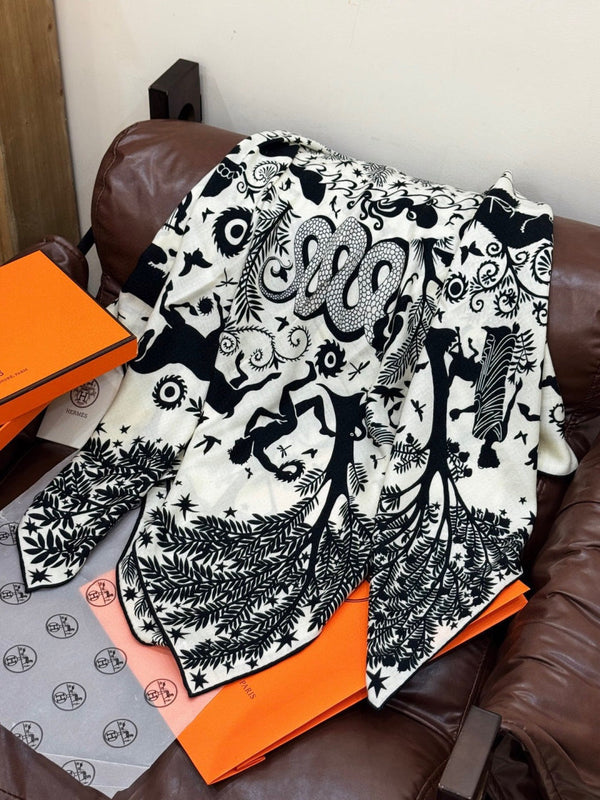 HM 25s Scarf 140cm Black White Cashmere Silk 962471