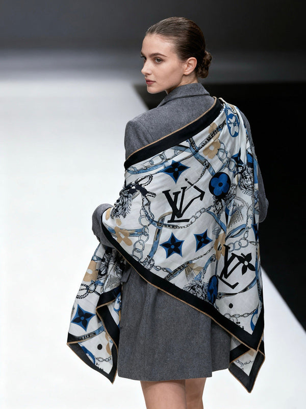 LV Latest Style Scarf 140cm Black Blue Cashmere 969239