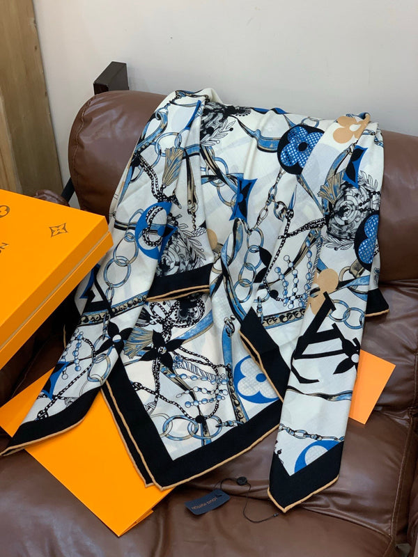 LV Latest Style Scarf 140cm Black Blue Cashmere 969239