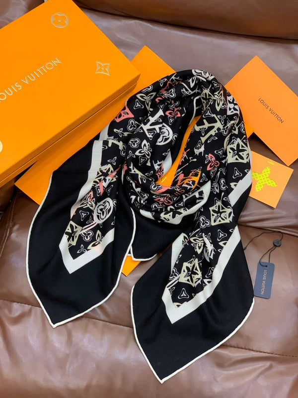 LV Double-Sided Shawl Scarf 140cm Black Multicolor Silk Cashmere 976741