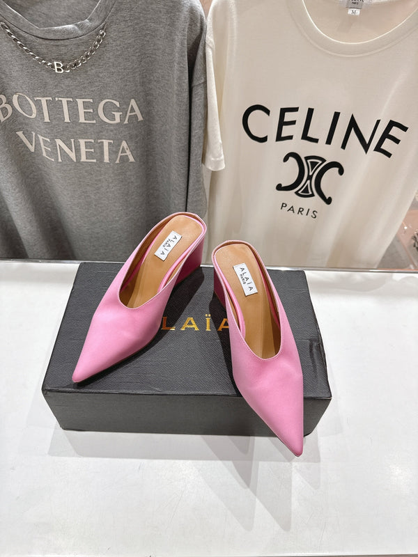 Alaia 25 Cube Wedge Mules Pink Silk Sheepskin 300082