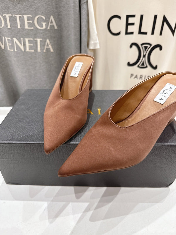 Alaia 25 Cube Wedge Mules Brown Silk Sheepskin 300083