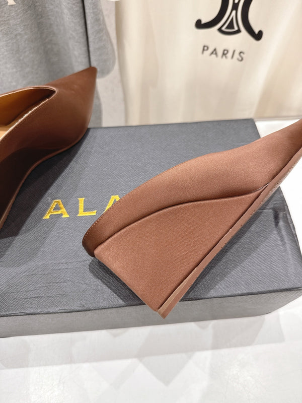 Alaia 25 Cube Wedge Mules Brown Silk Sheepskin 300083
