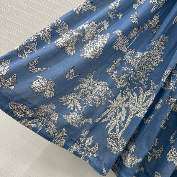 CD 25 Pleated Flared Forest Long Skirt Blue White Cotton