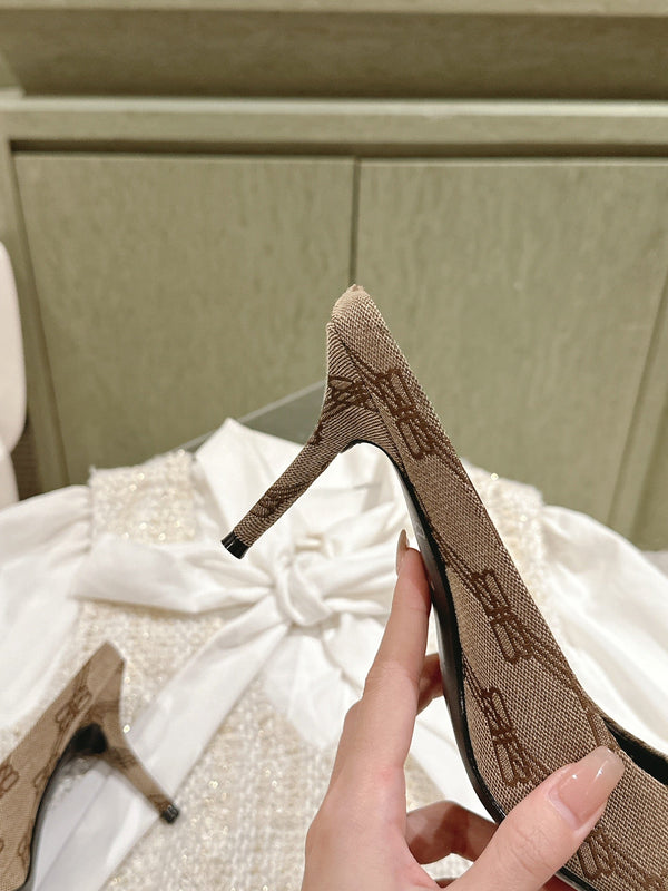 POINTED HIGH MULES IN BEIGE MONOGRAM JACQUARD FABRIC