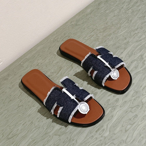 0ran sandal black denim brown calfskin