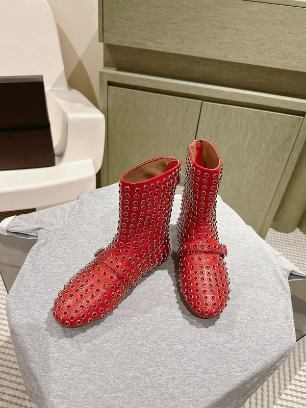 ALAIA SHORT BOOTS IN CHERRY RED LAMBSKIN ATTACH RHINSTONES