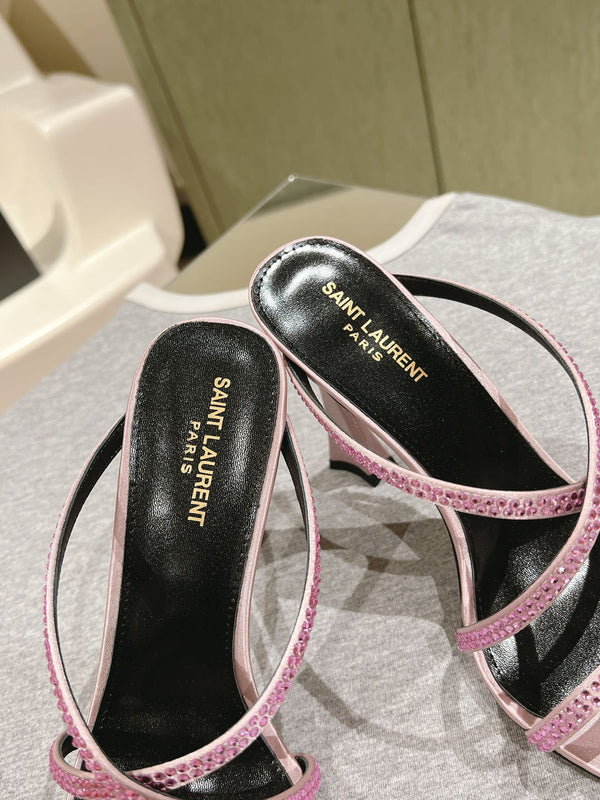 HIGH HEEL MULE 10 CM IN BABY PINK SATIN WITH RHINESTONES