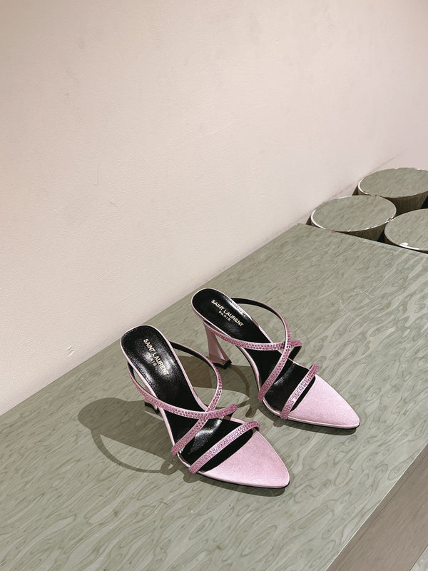 HIGH HEEL MULE 10 CM IN BABY PINK SATIN WITH RHINESTONES