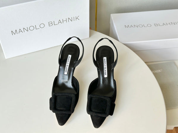 Manolo Slingback 7cm Black Suede Leather Bottom 451205