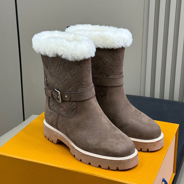 LV Territory Flat Ankle Boots Coffee Suede Wool 542259