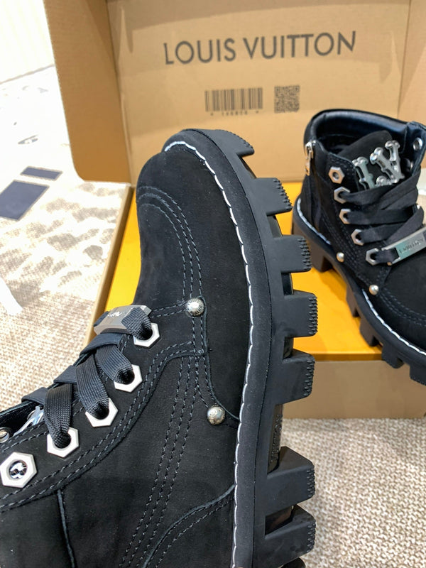 LV Checker Ankle Boots Black Nubuck Calfskin