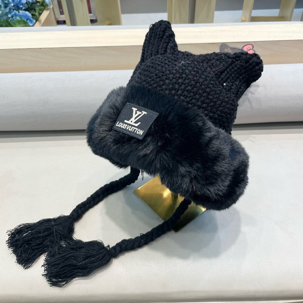 KNITTED BEANIE HAT IN BLACK WOOL WITH JAPANESE CAT EARS 421256