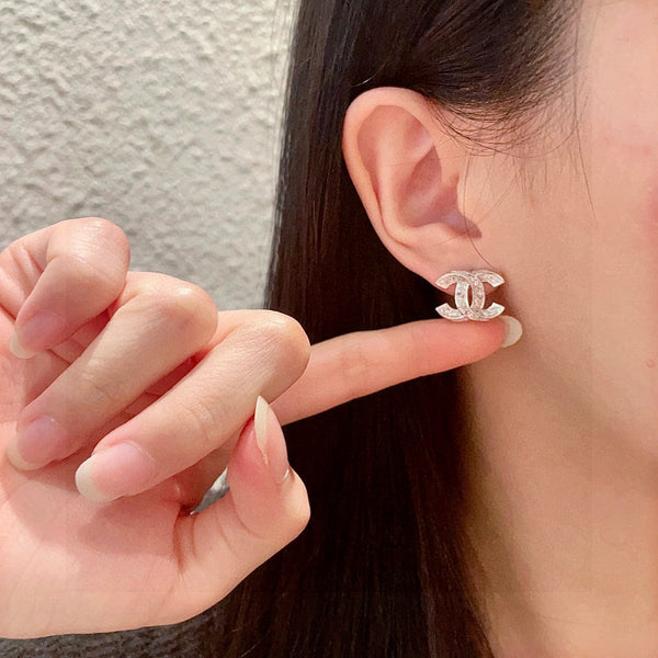 DOUBLE C STUD EARRINGS IN SILVER METAL FULLY DIAMOND
