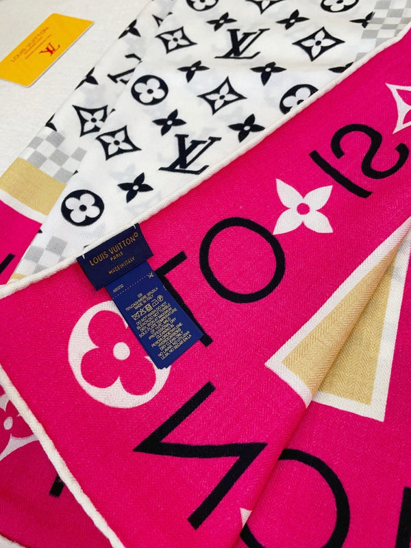 LV Double-sided Scarf 140cm White Pink Cashmere 971048