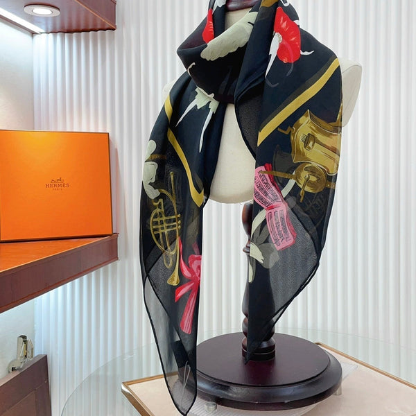 Scarf 110 CM In Black Colorful Voile Silk 193826