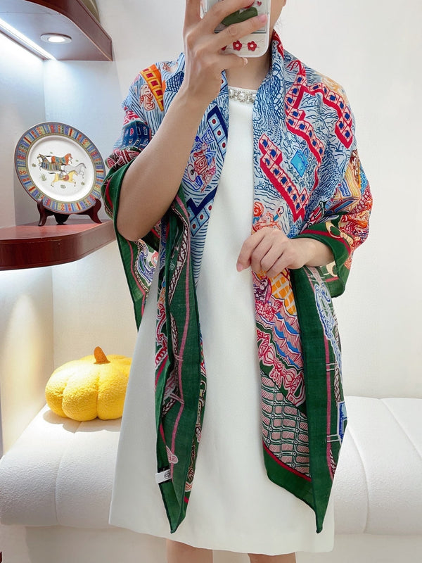 Gavroche Super Silk Quest Détail Scarf 140 CM In Green Colorful Cashmere And Silk 236108