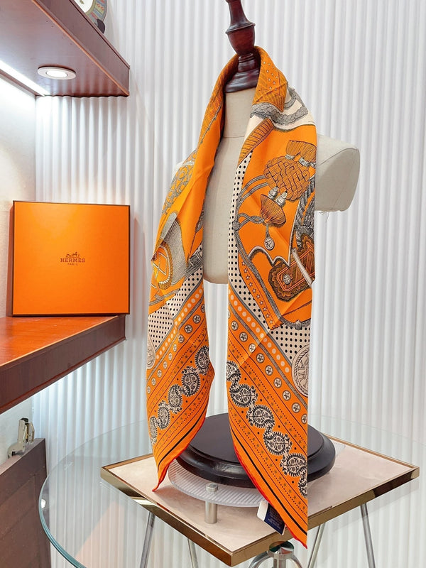 Zouaves Et Dragons Bandana Shawl 90 CM In Orange Colorful Silk Twill 262788