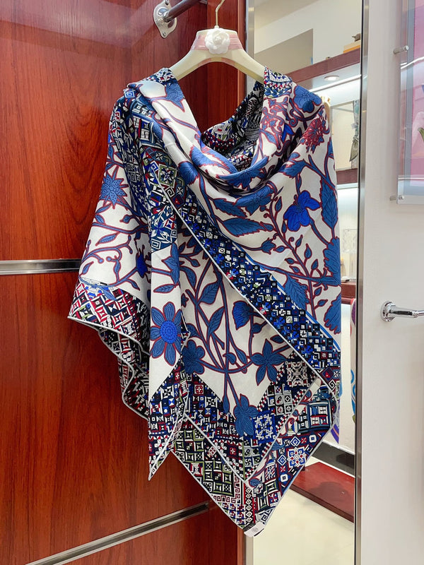 Le Jaguar Et Le Colibri Shawl 135 CM Blue Colorful Cashmere And Silk 357902