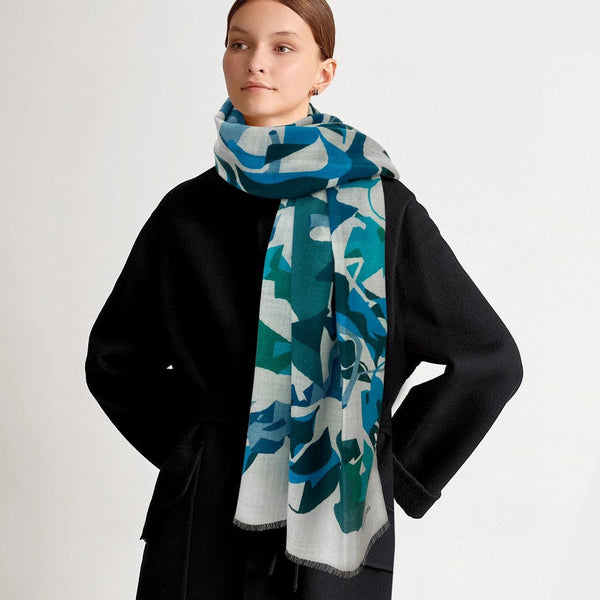 Scarf 180 CM Blue Green Colorful Mashmere And Silk 403886