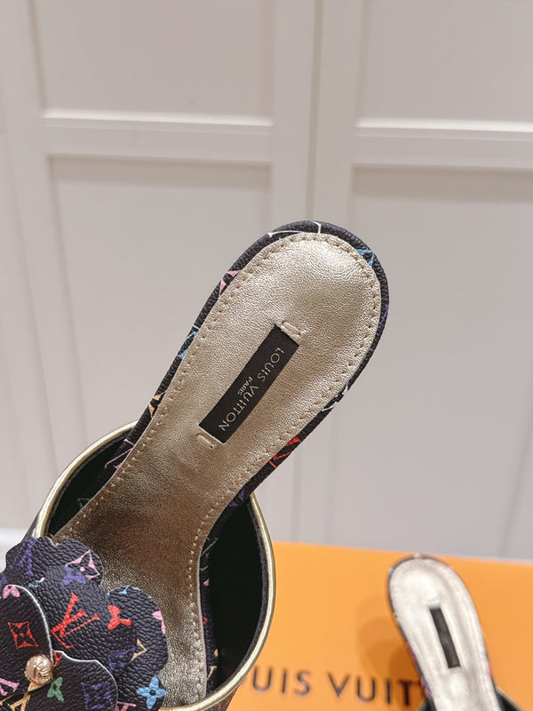 LV Floral Embroidered High Heels Black with Monogram Multicolor Leather 480509