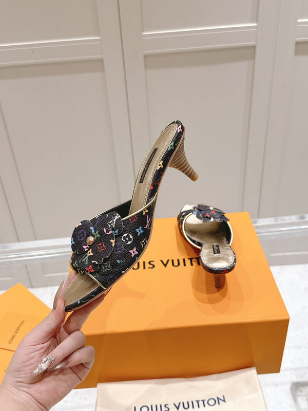 LV Floral Embroidered High Heels Black with Monogram Multicolor Leather 480509
