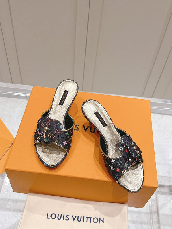 LV Floral Embroidered High Heels Black with Monogram Multicolor Leather 480509