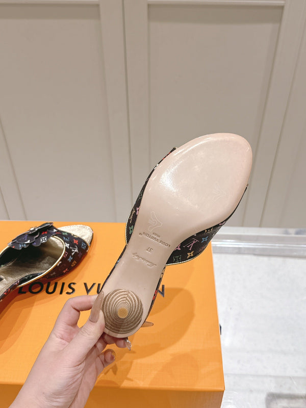 LV Floral Embroidered High Heels Black with Monogram Multicolor Leather 480509